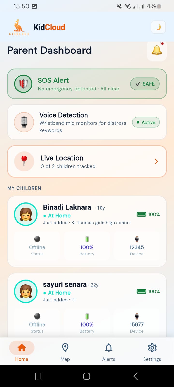 KidCloud app live location screen