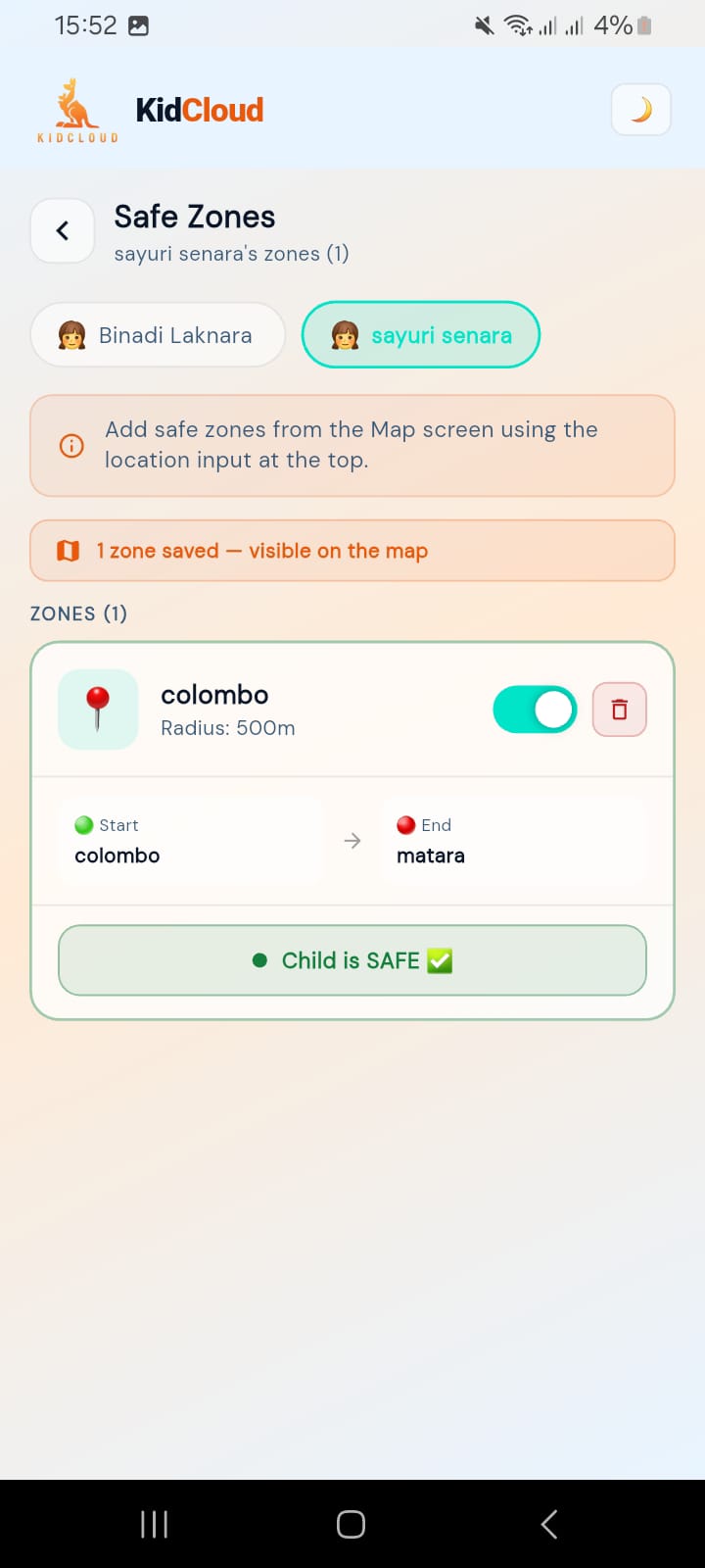 KidCloud app child profile screen